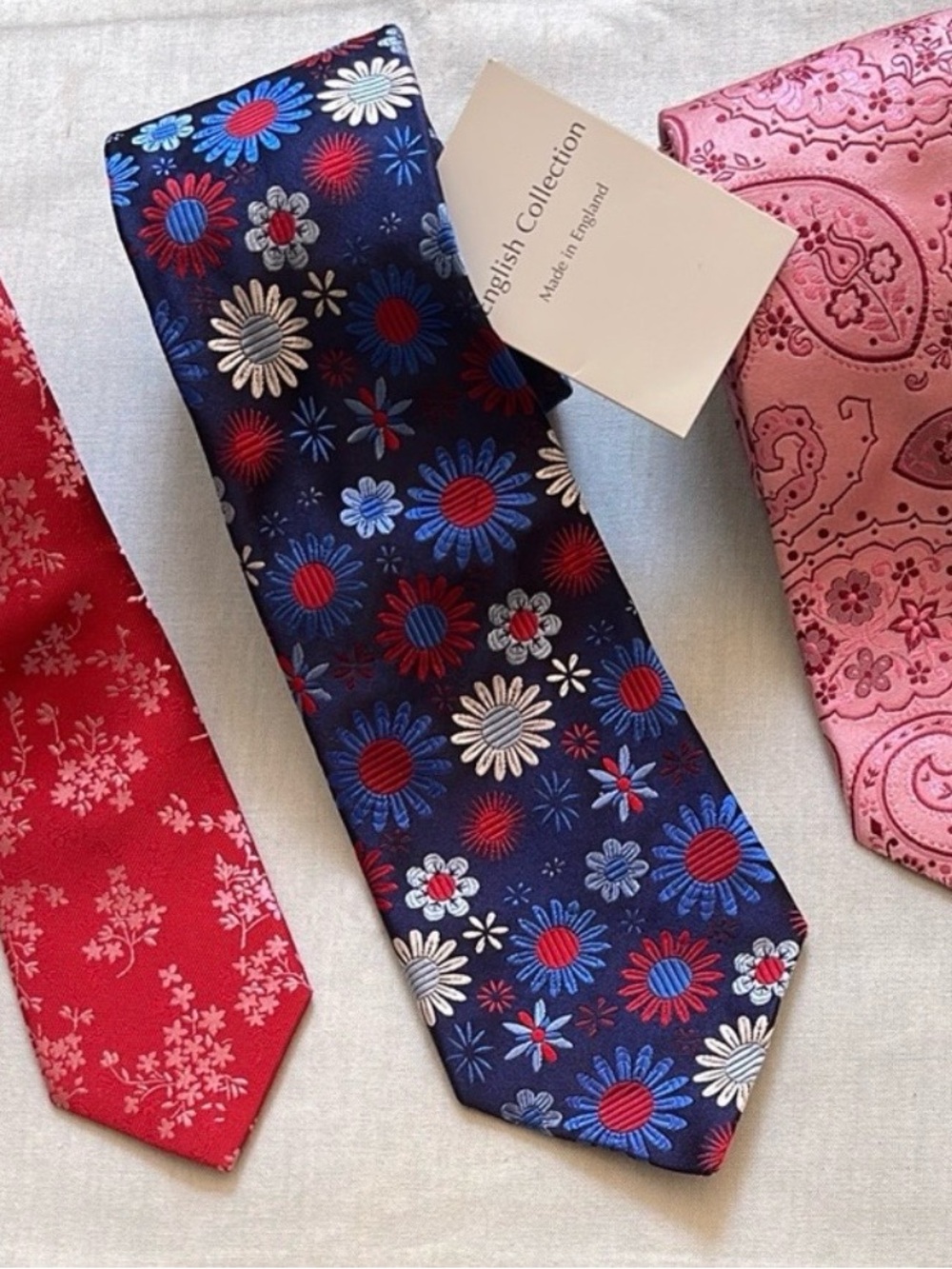 English Collection Navy Floral Silk Tie with Red & Blue Accents